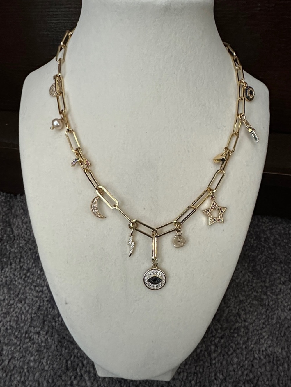 Gold Charm Paperclip Necklace with Mixed Charms - Picture 2 of 4